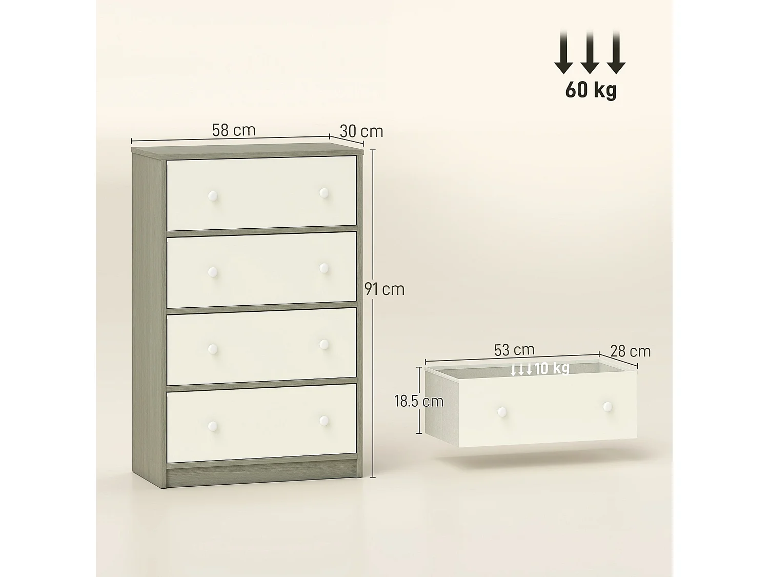 Cottola 4 Drawer Fabric Dresser White and Grey Metal Frame