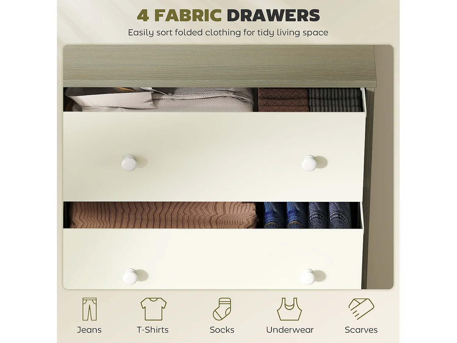 Cottola 4 Drawer Fabric Dresser White and Grey Metal Frame