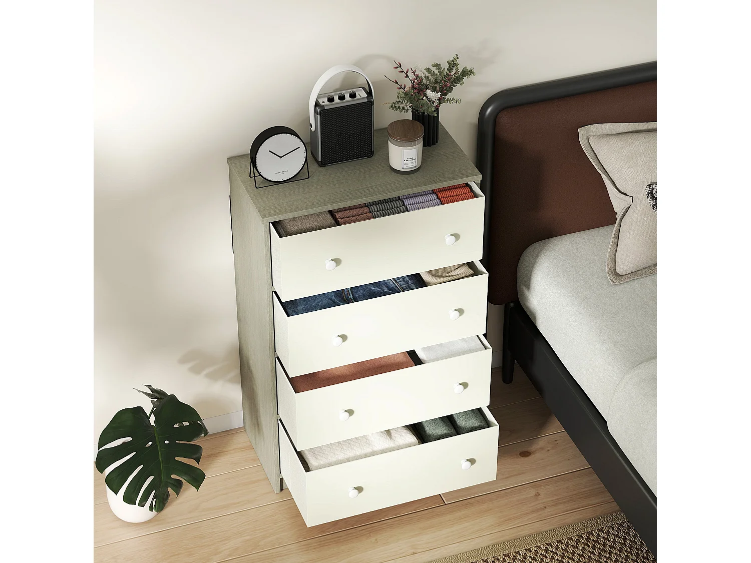 Cottola 4 Drawer Fabric Dresser White and Grey Metal Frame