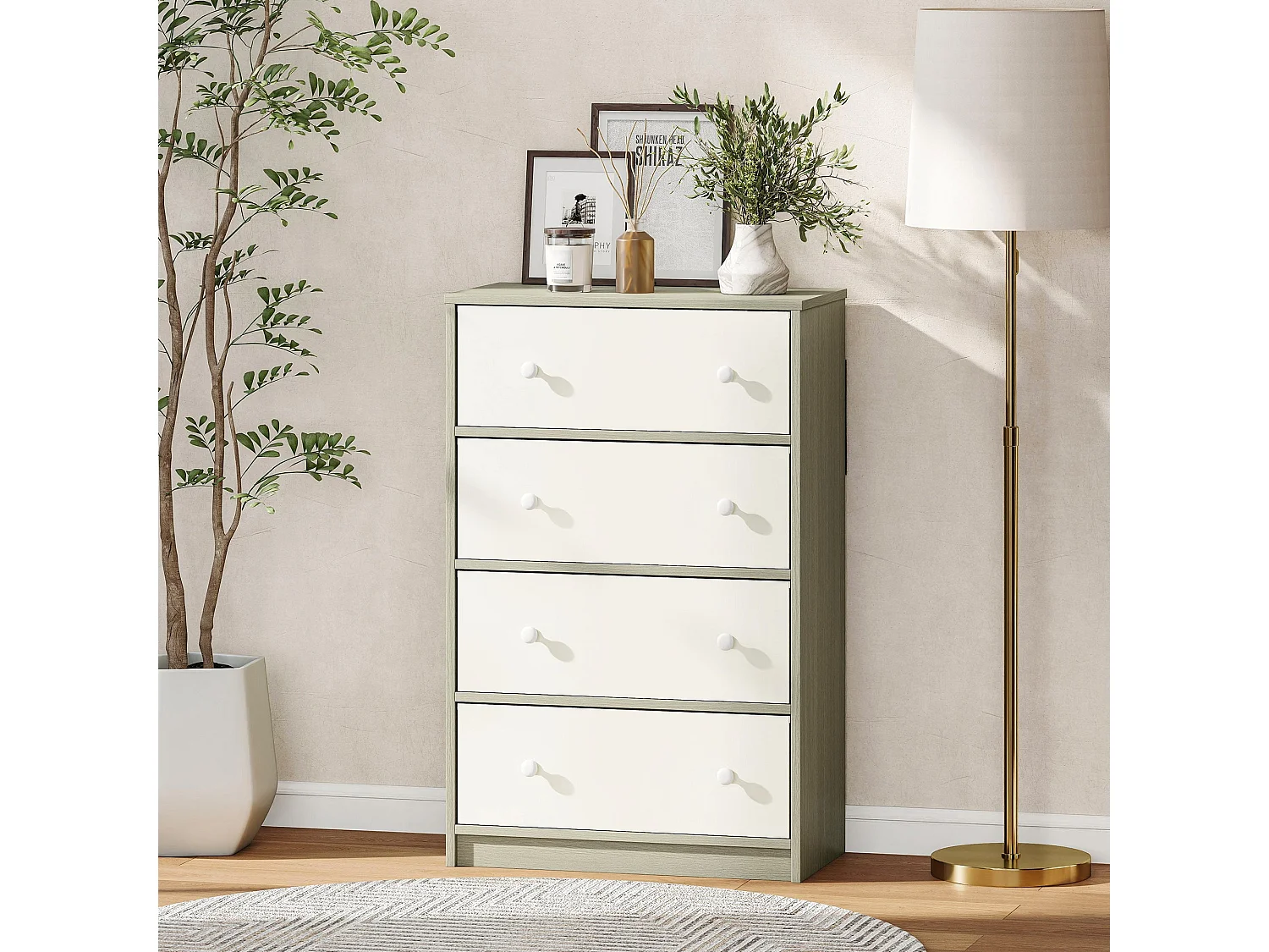 Cottola 4 Drawer Fabric Dresser White and Grey Metal Frame