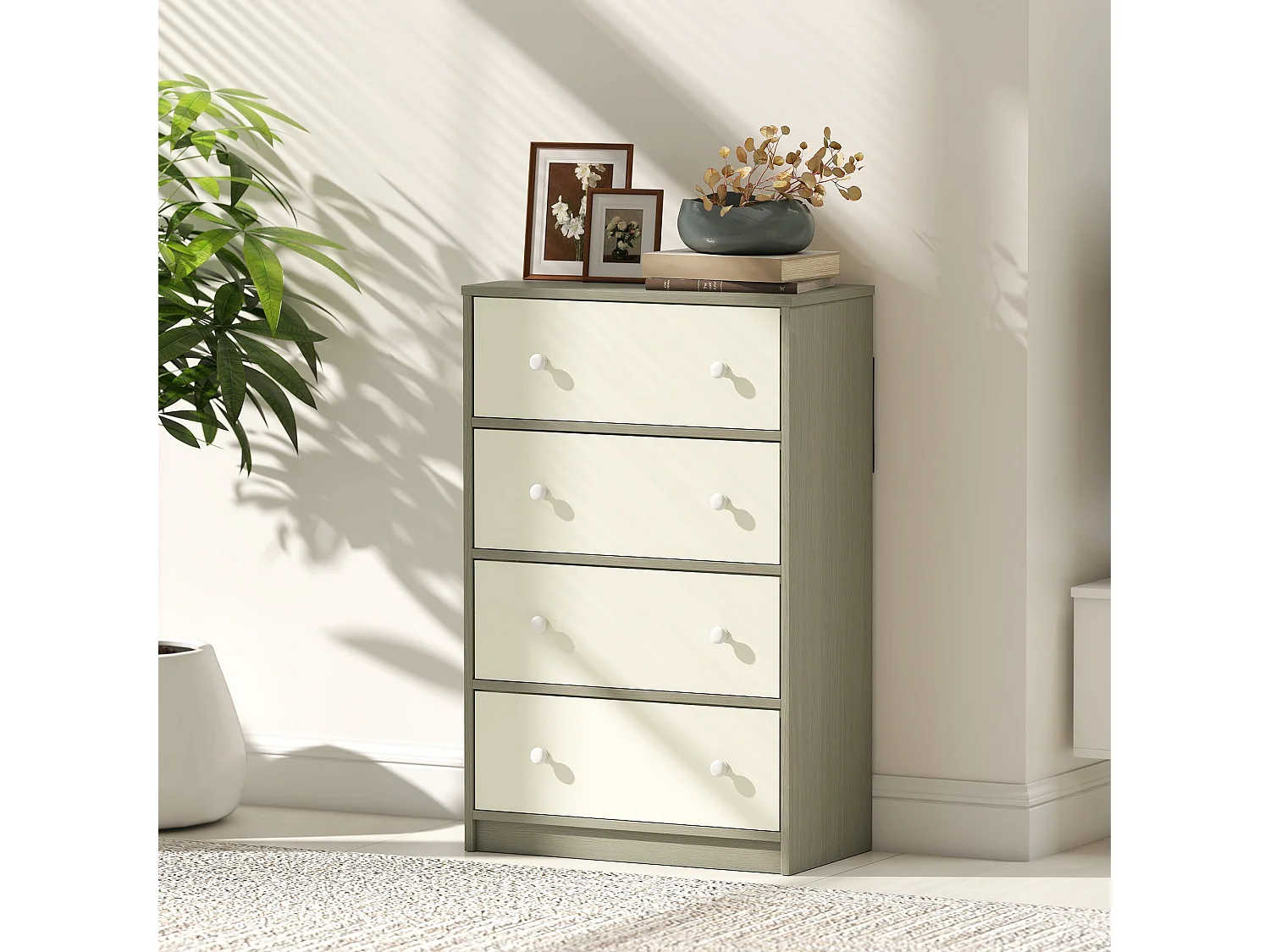 Cottola 4 Drawer Fabric Dresser White and Grey Metal Frame