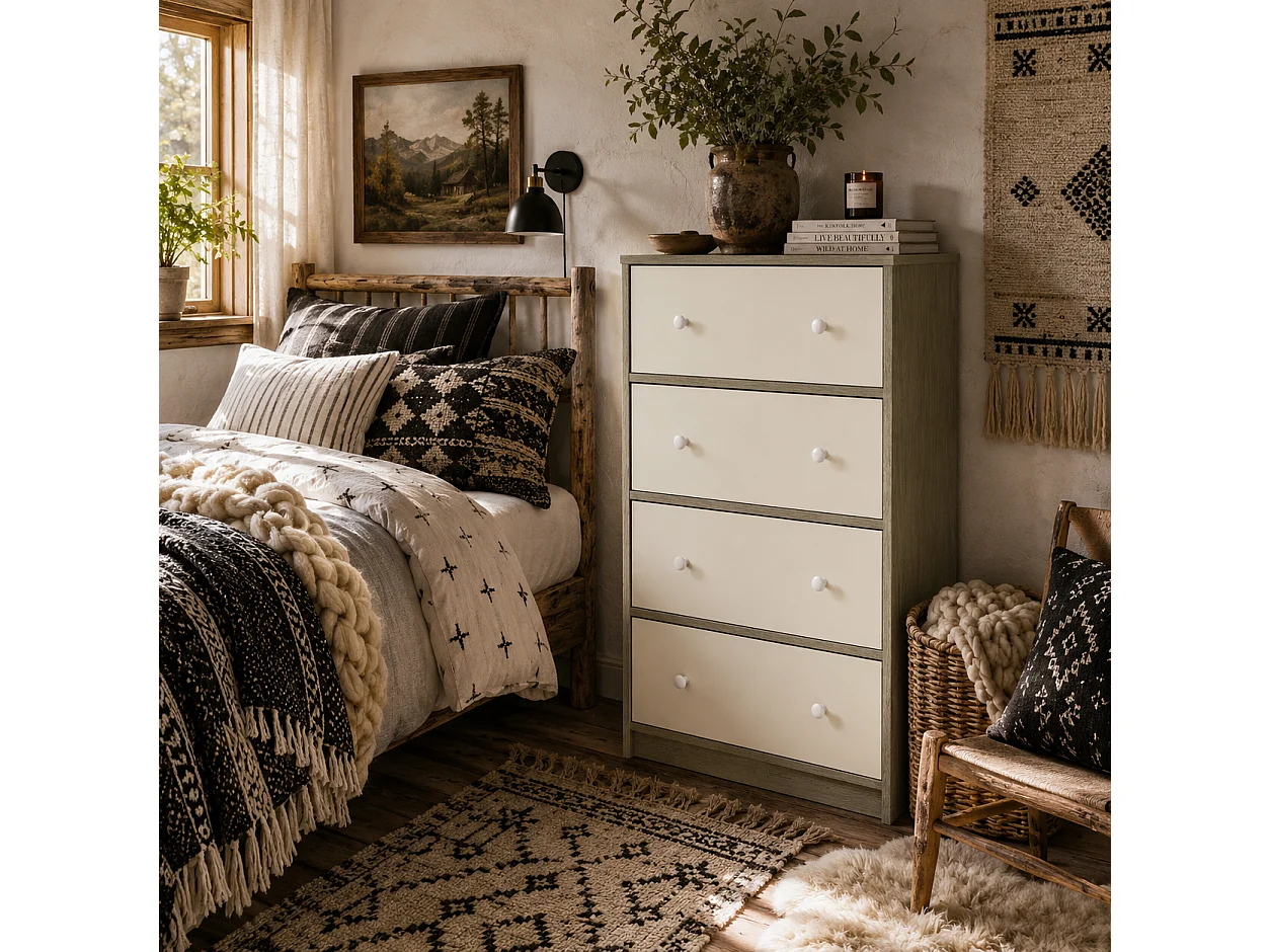 Cottola 4 Drawer Fabric Dresser White and Grey Metal Frame
