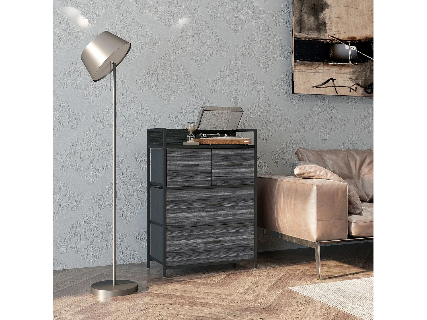 Kele 4 Drawer Fabric and Wood Storage Chest Black Industrial Rustic