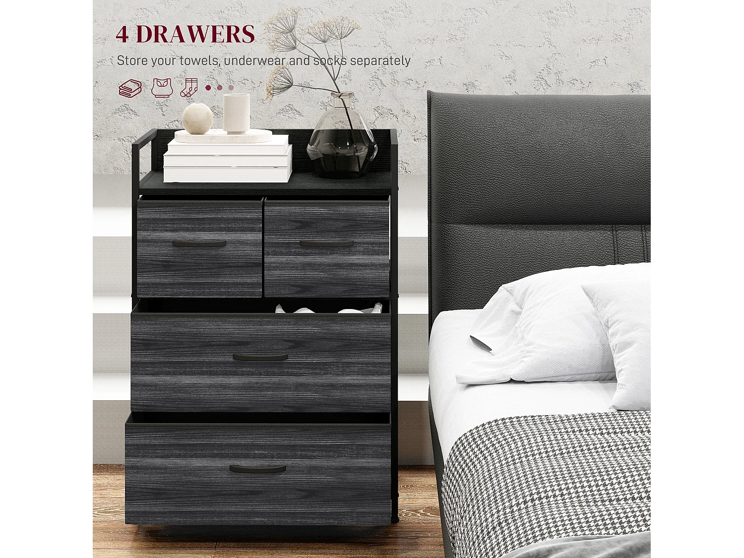 Kele 4 Drawer Fabric and Wood Storage Chest Black Industrial Rustic