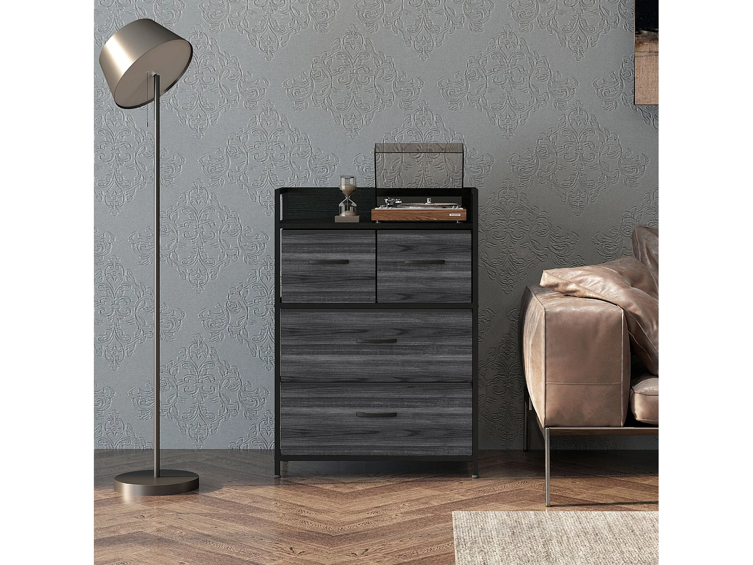 Kele 4 Drawer Fabric and Wood Storage Chest Black Industrial Rustic