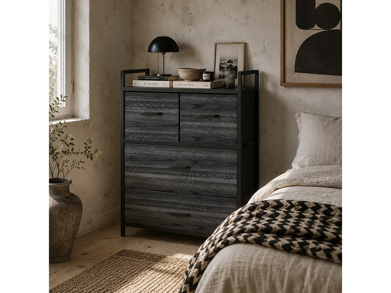 Kele 4 Drawer Fabric and Wood Storage Chest Black Industrial Rustic