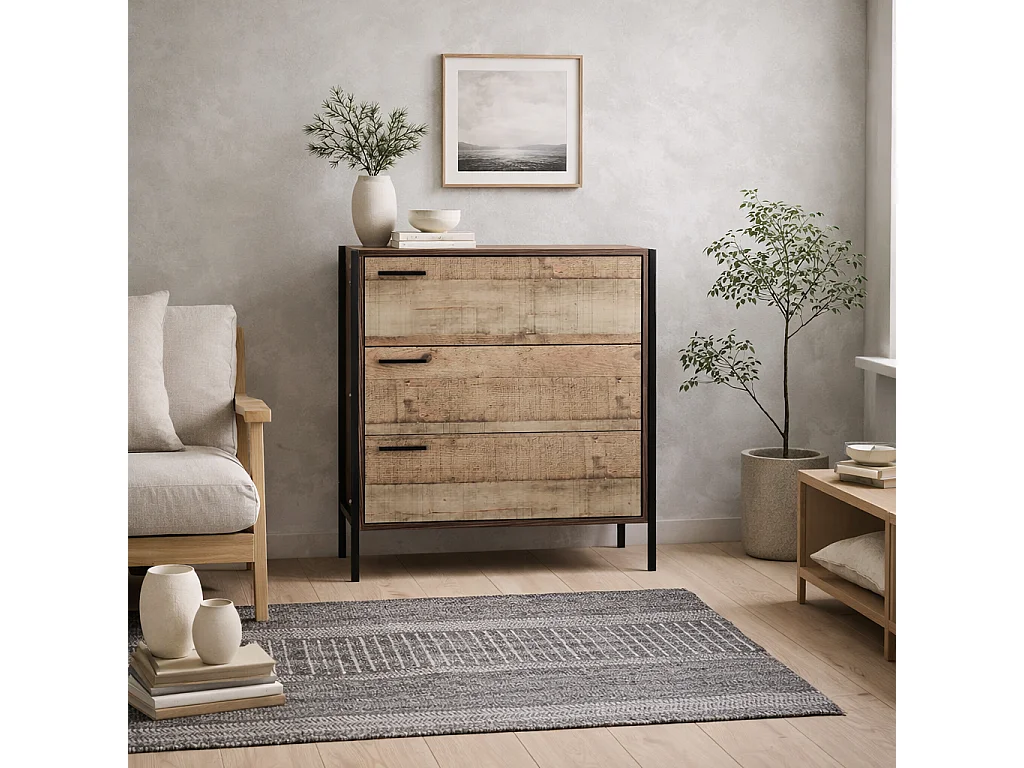 Lucan Oak Effect Distressed 3 Drawer Storage Chest Industrial Modern