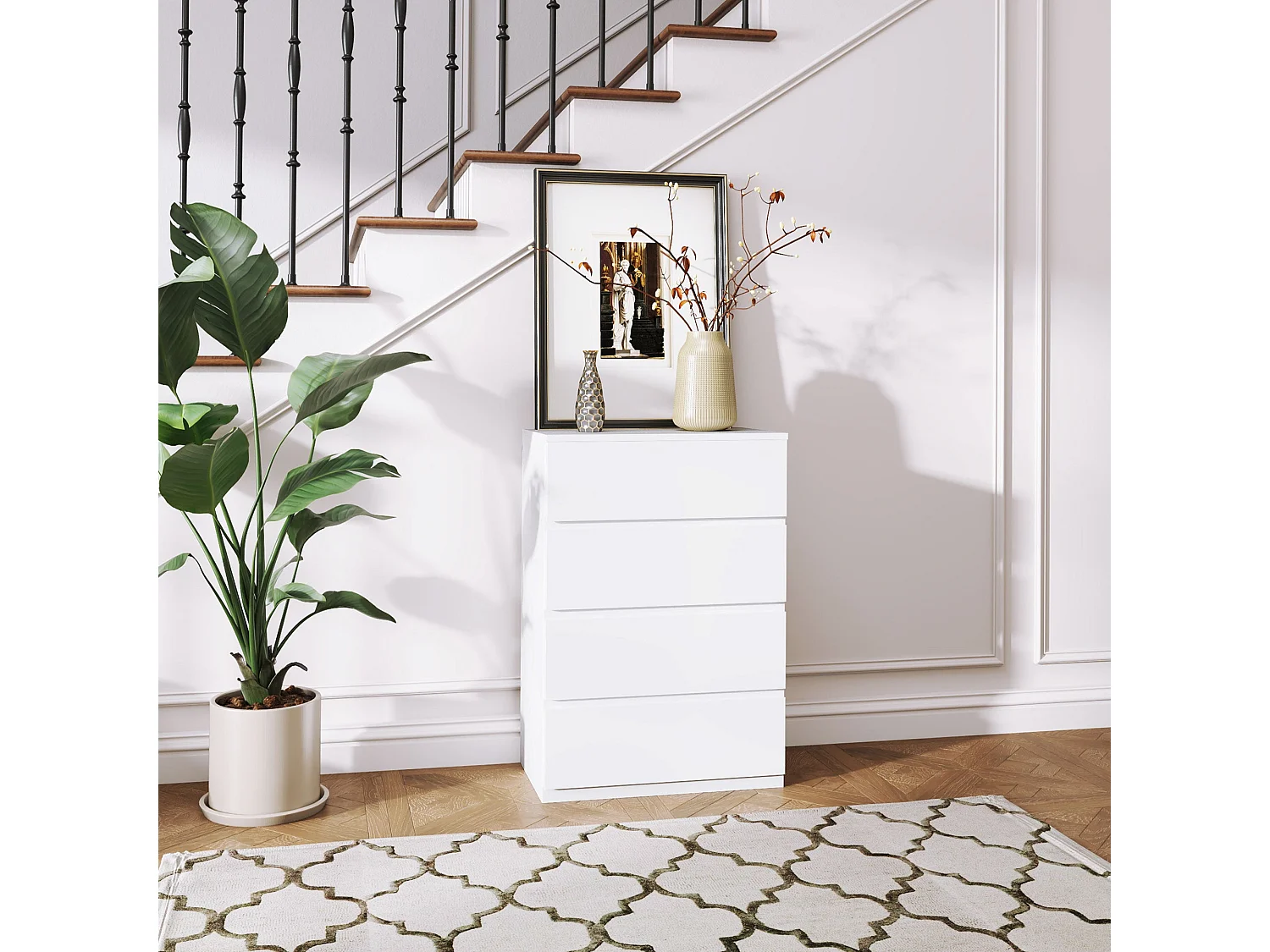 Lanodo 4 Drawer White Modern Storage Chest Particle Board Metal Rails Handleless Design