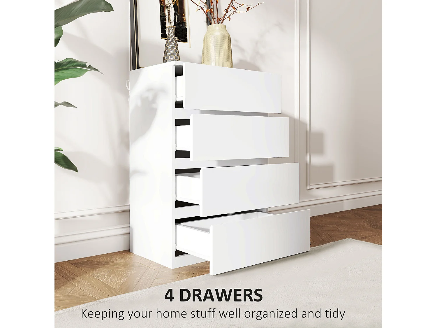 Lanodo 4 Drawer White Modern Storage Chest Particle Board Metal Rails Handleless Design
