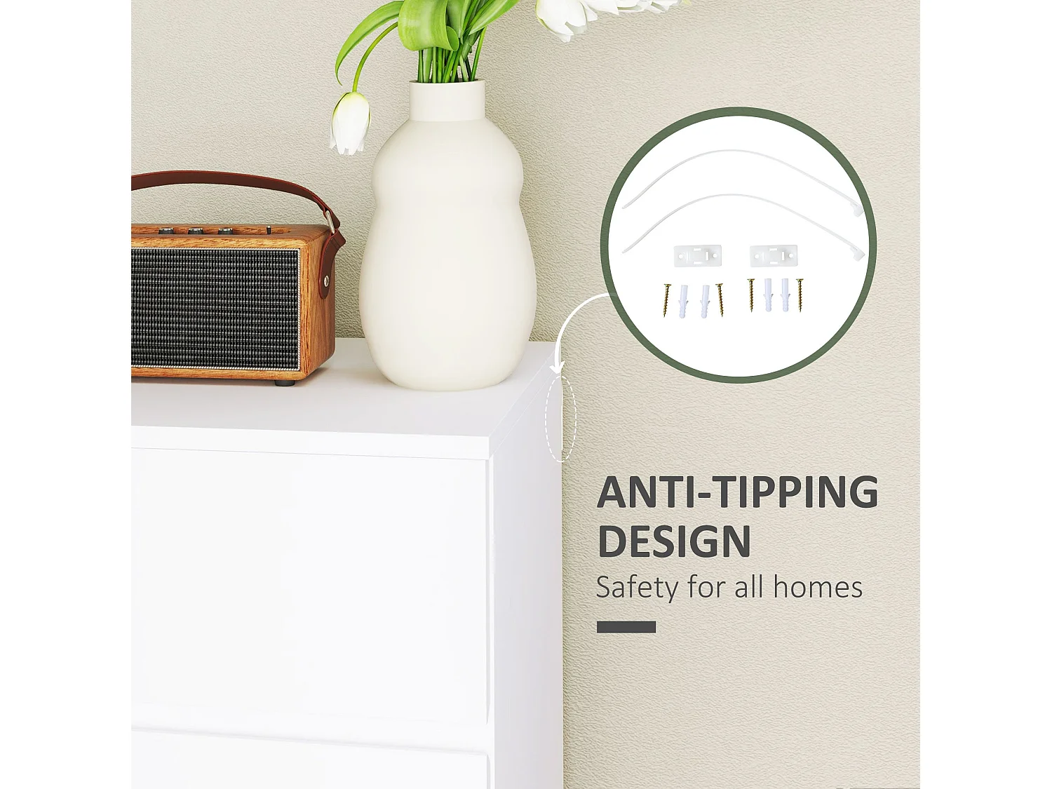 Lanodo 4 Drawer White Modern Storage Chest Particle Board Metal Rails Handleless Design