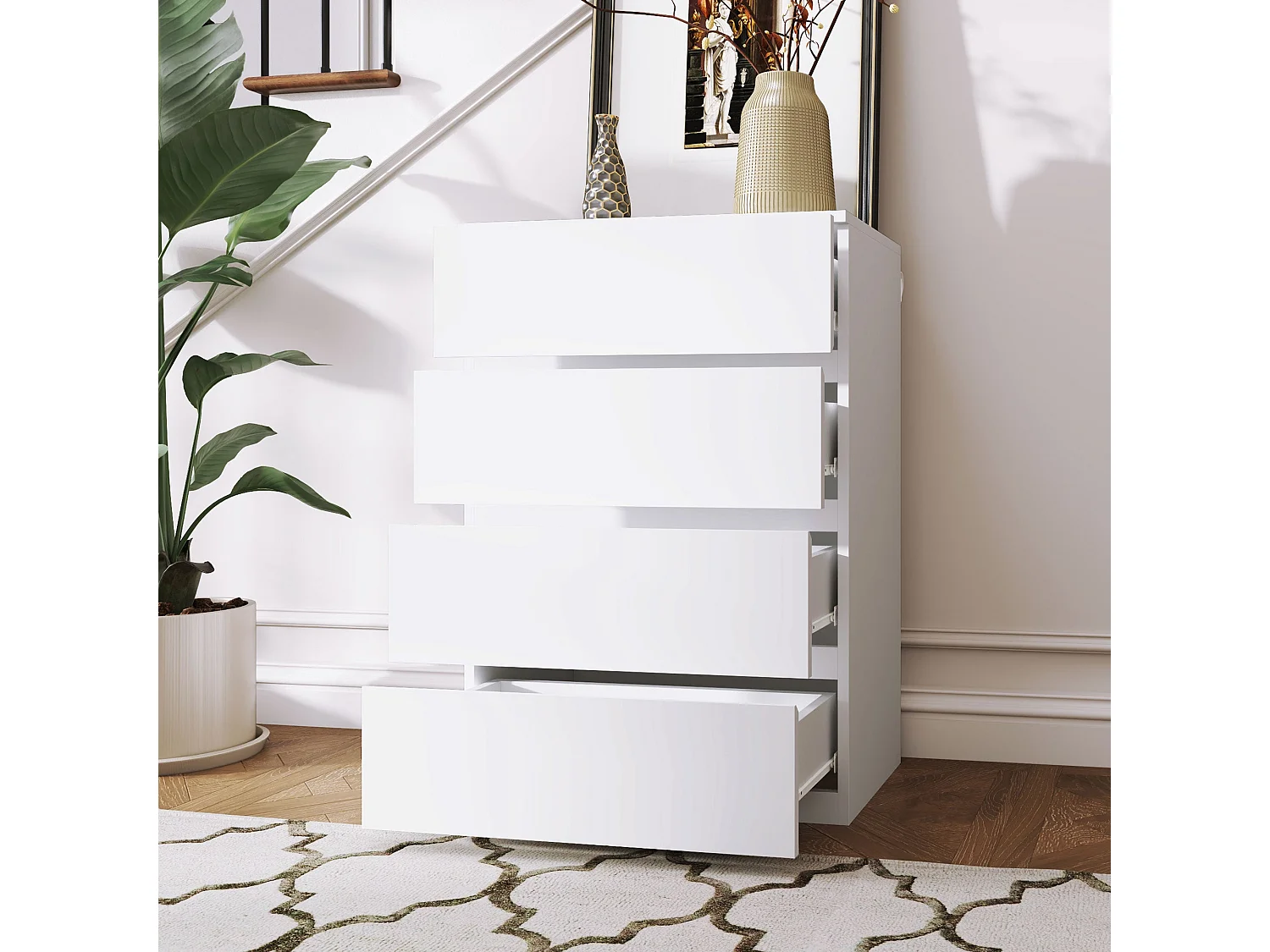 Lanodo 4 Drawer White Modern Storage Chest Particle Board Metal Rails Handleless Design