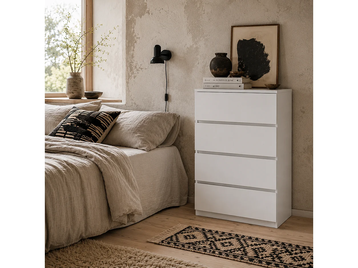 Lanodo 4 Drawer White Modern Storage Chest Particle Board Metal Rails Handleless Design