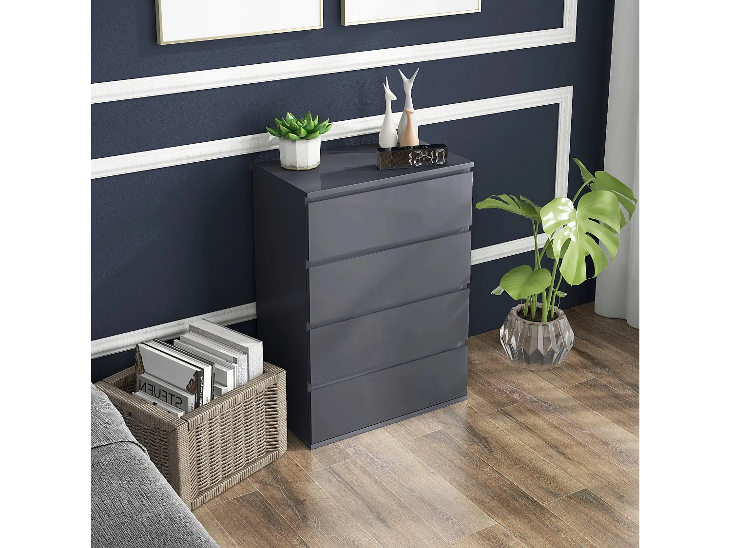 Valo Leha High Gloss Grey 4 Drawer Chest of Drawers with Modern Handleless Design