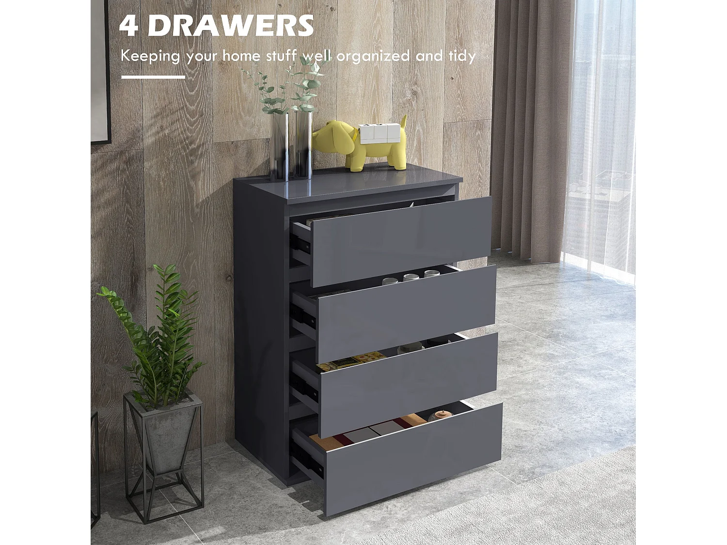 Valo Leha High Gloss Grey 4 Drawer Chest of Drawers with Modern Handleless Design