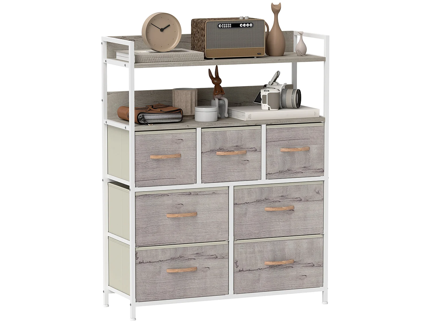 Rile Grey 7 Drawer Fabric Chest with Wood Frame White and Natural Finish
