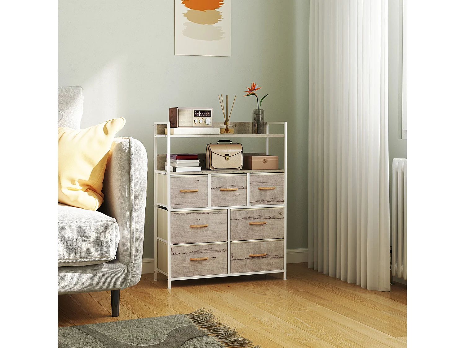 Rile Grey 7 Drawer Fabric Chest with Wood Frame White and Natural Finish