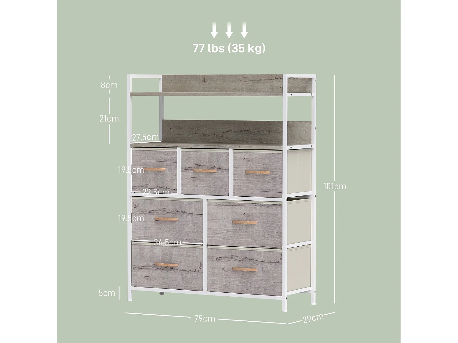 Rile Grey 7 Drawer Fabric Chest with Wood Frame White and Natural Finish