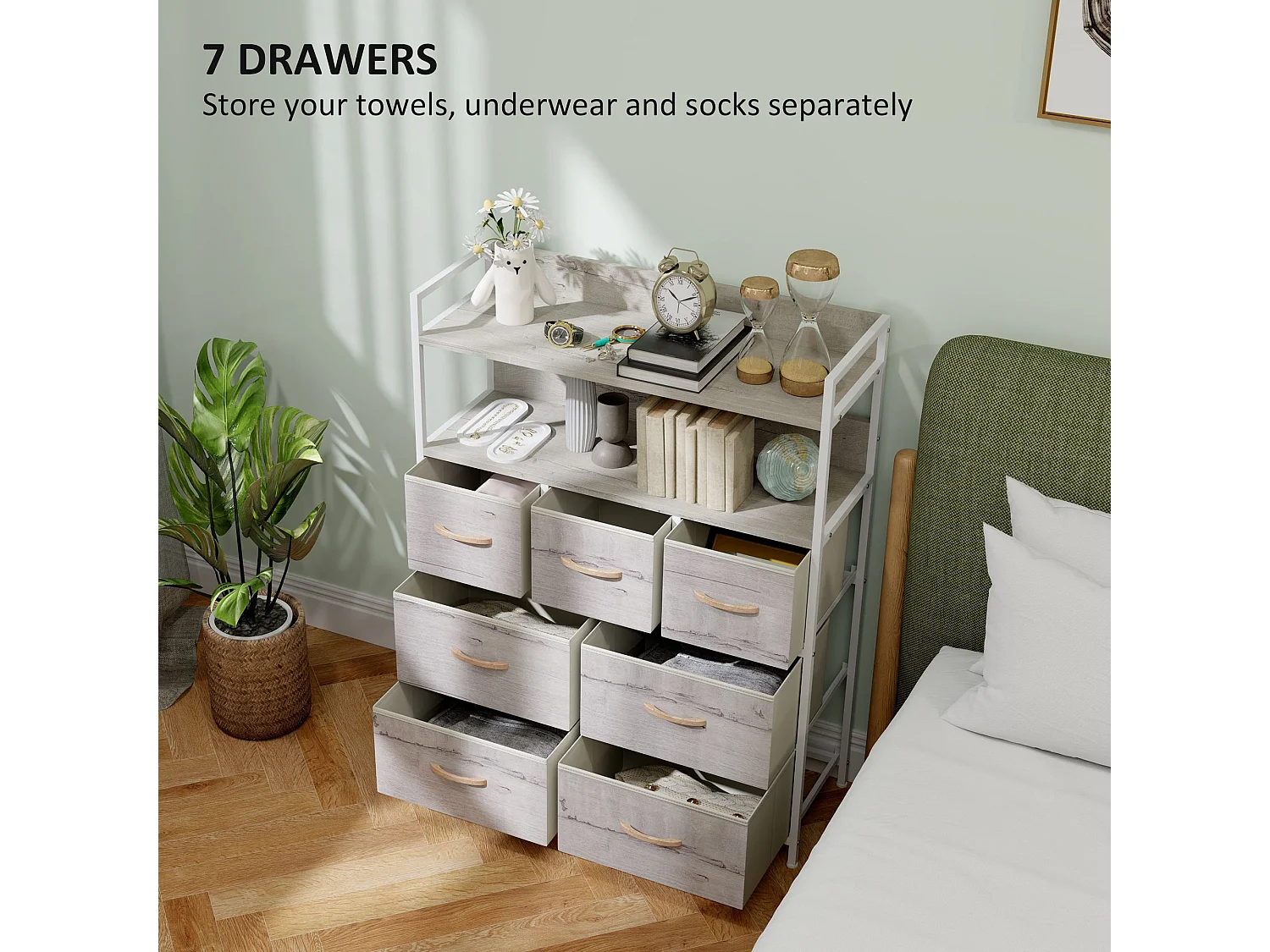 Rile Grey 7 Drawer Fabric Chest with Wood Frame White and Natural Finish