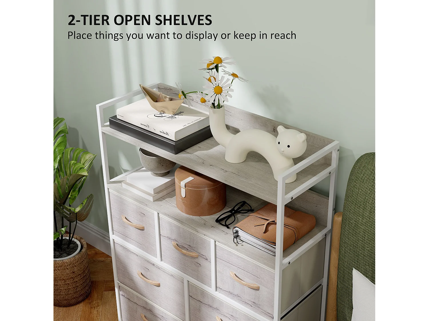Rile Grey 7 Drawer Fabric Chest with Wood Frame White and Natural Finish