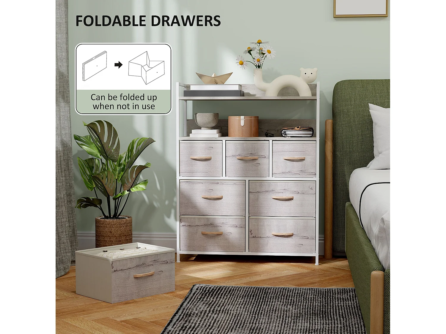 Rile Grey 7 Drawer Fabric Chest with Wood Frame White and Natural Finish