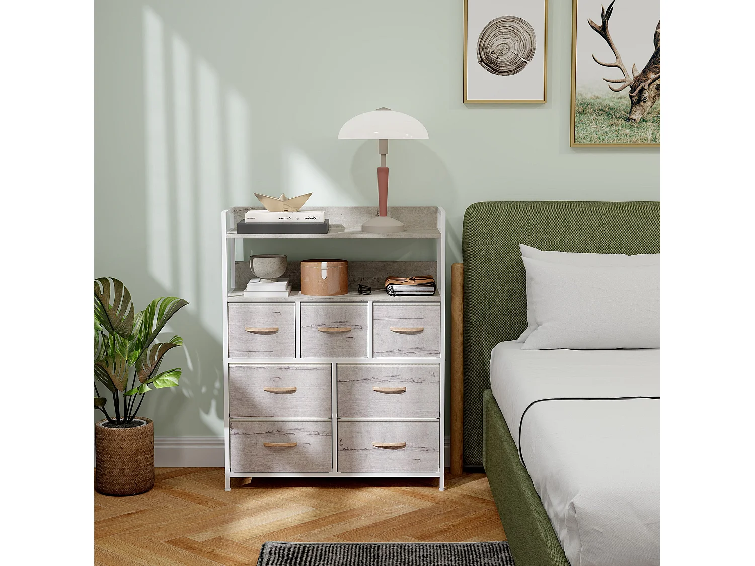 Rile Grey 7 Drawer Fabric Chest with Wood Frame White and Natural Finish