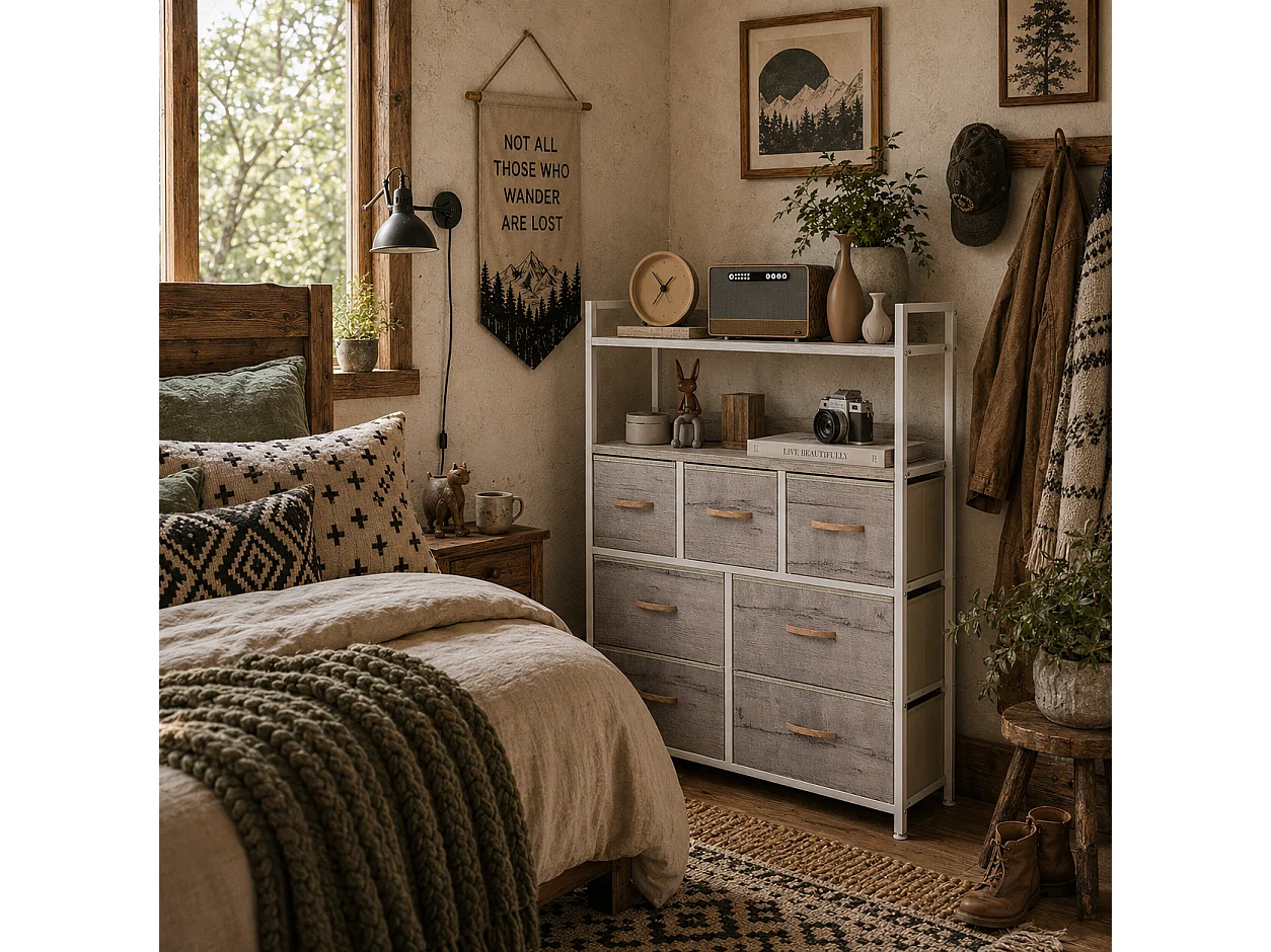 Rile Grey 7 Drawer Fabric Chest with Wood Frame White and Natural Finish