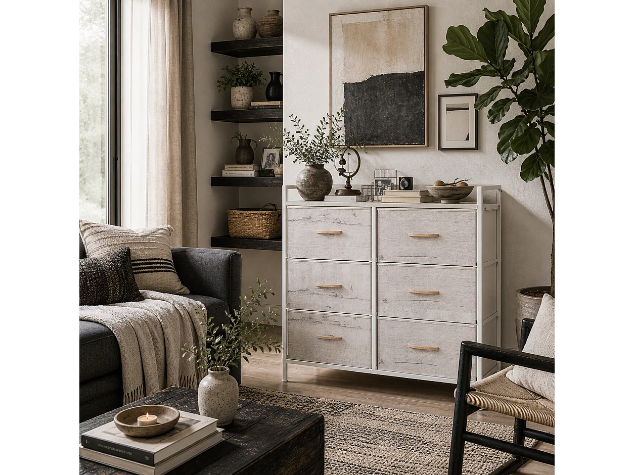 Rile Grey 7 Drawer Fabric Chest with Wood Frame White and Natural Finish