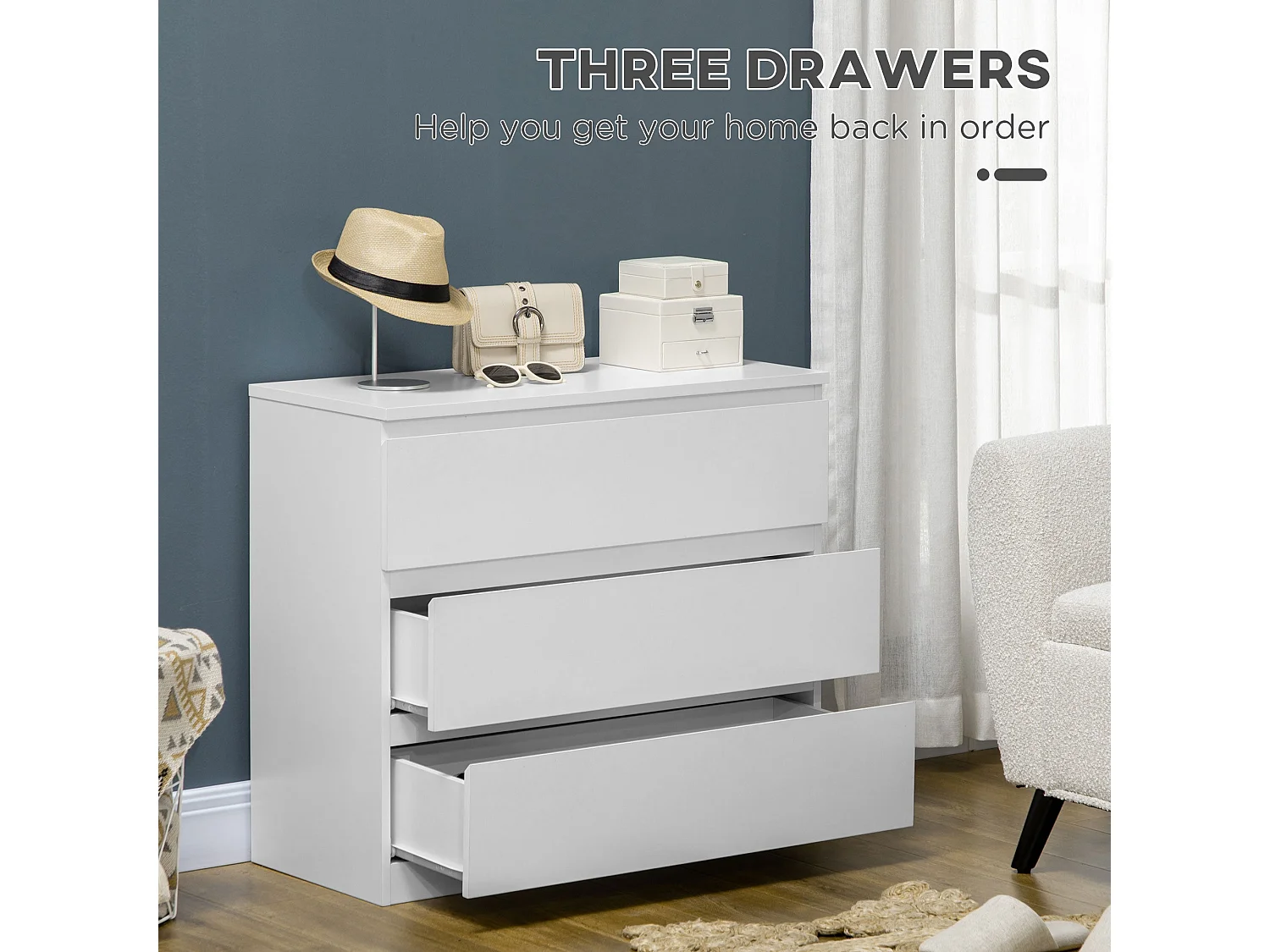 Luvilo Wood 3 Drawer White Chest of Drawers Minimalist Storage
