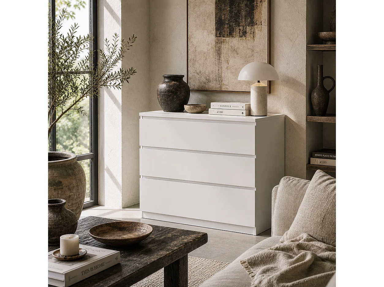 Luvilo Wood 3 Drawer White Chest of Drawers Minimalist Storage
