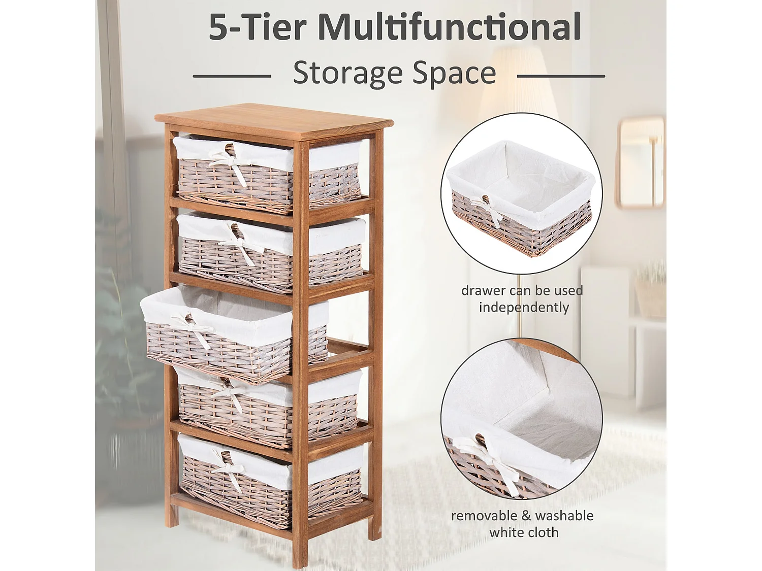 Yorila 5 Drawer Wicker Chest Natural Wood Finish