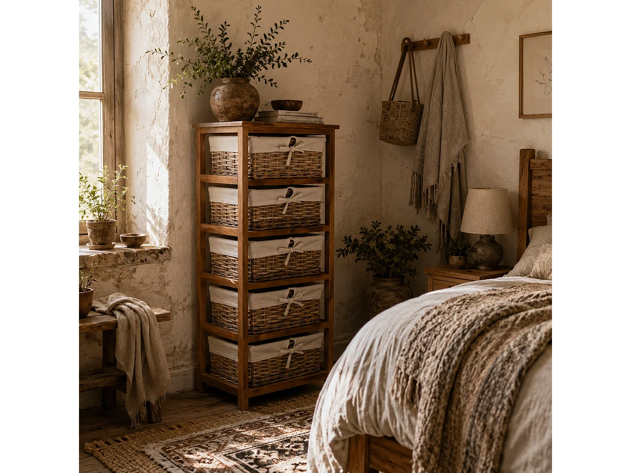 Yorila 5 Drawer Wicker Chest Natural Wood Finish