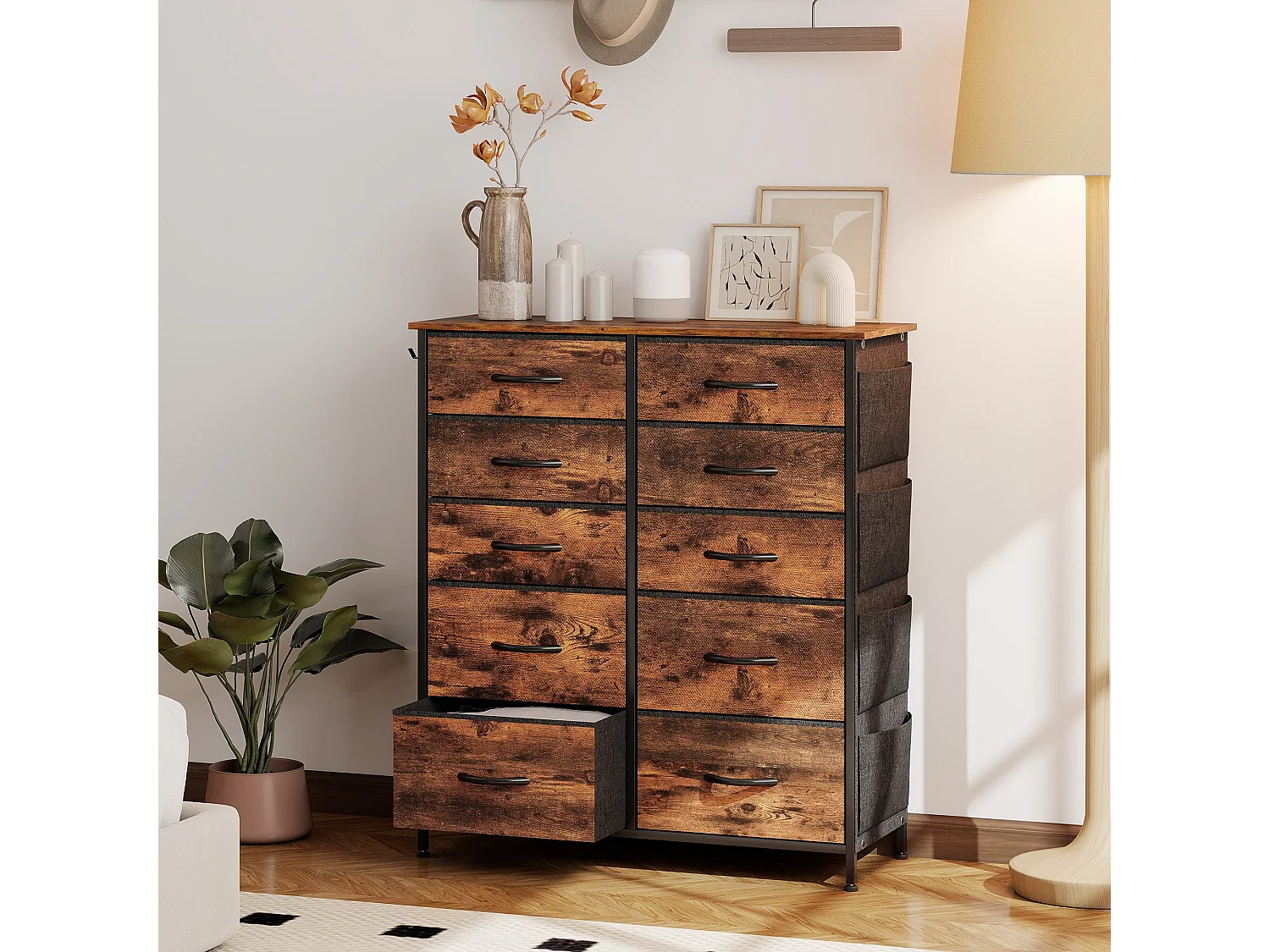 Nalima 10 Drawer Fabric and Metal Storage Chest Rustic Brown and Black