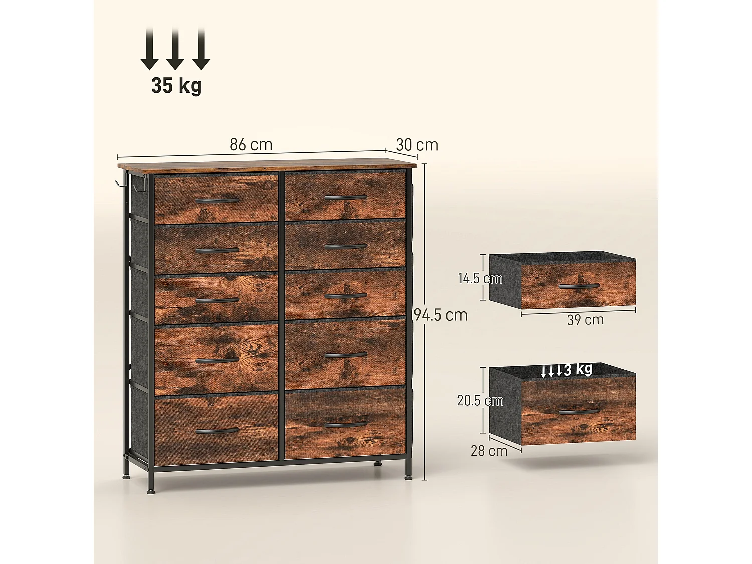 Nalima 10 Drawer Fabric and Metal Storage Chest Rustic Brown and Black
