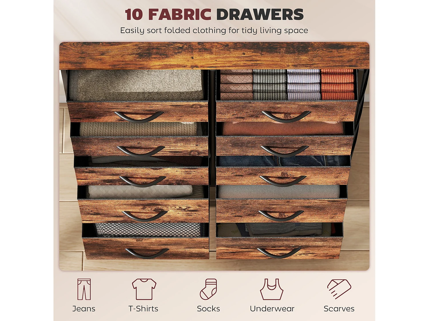 Nalima 10 Drawer Fabric and Metal Storage Chest Rustic Brown and Black