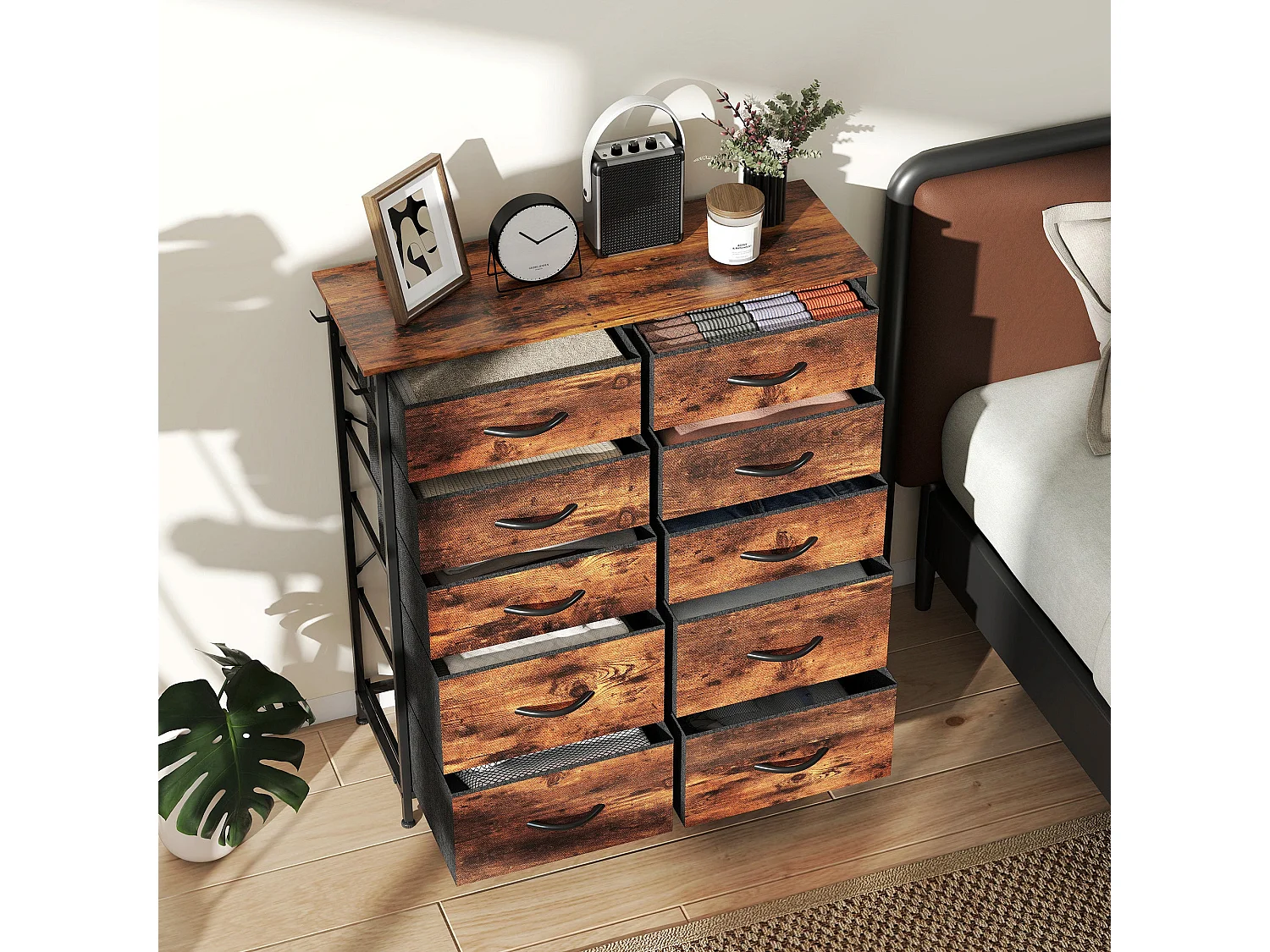 Nalima 10 Drawer Fabric and Metal Storage Chest Rustic Brown and Black