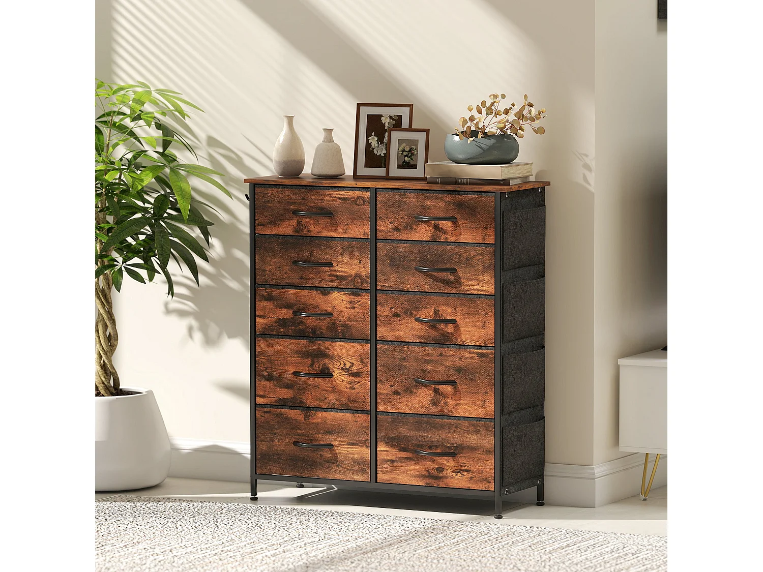 Nalima 10 Drawer Fabric and Metal Storage Chest Rustic Brown and Black