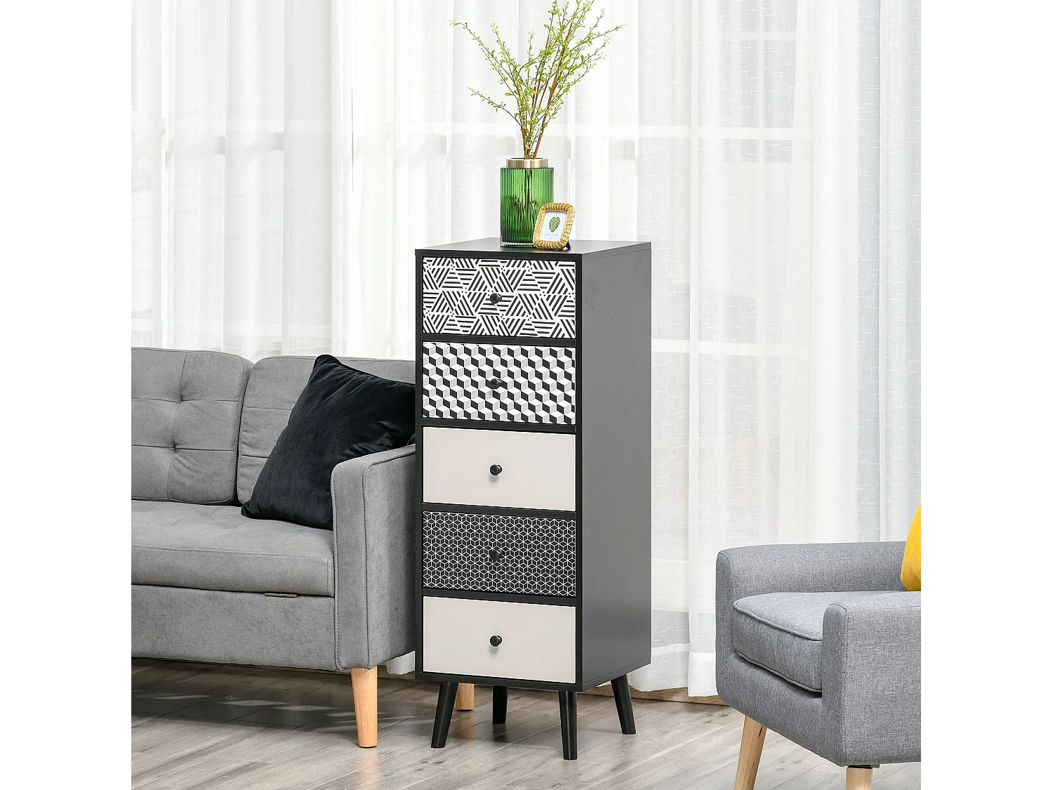 Rerora Scandi Monochrome 5 Drawer Vertical Storage Chest Black and Grey
