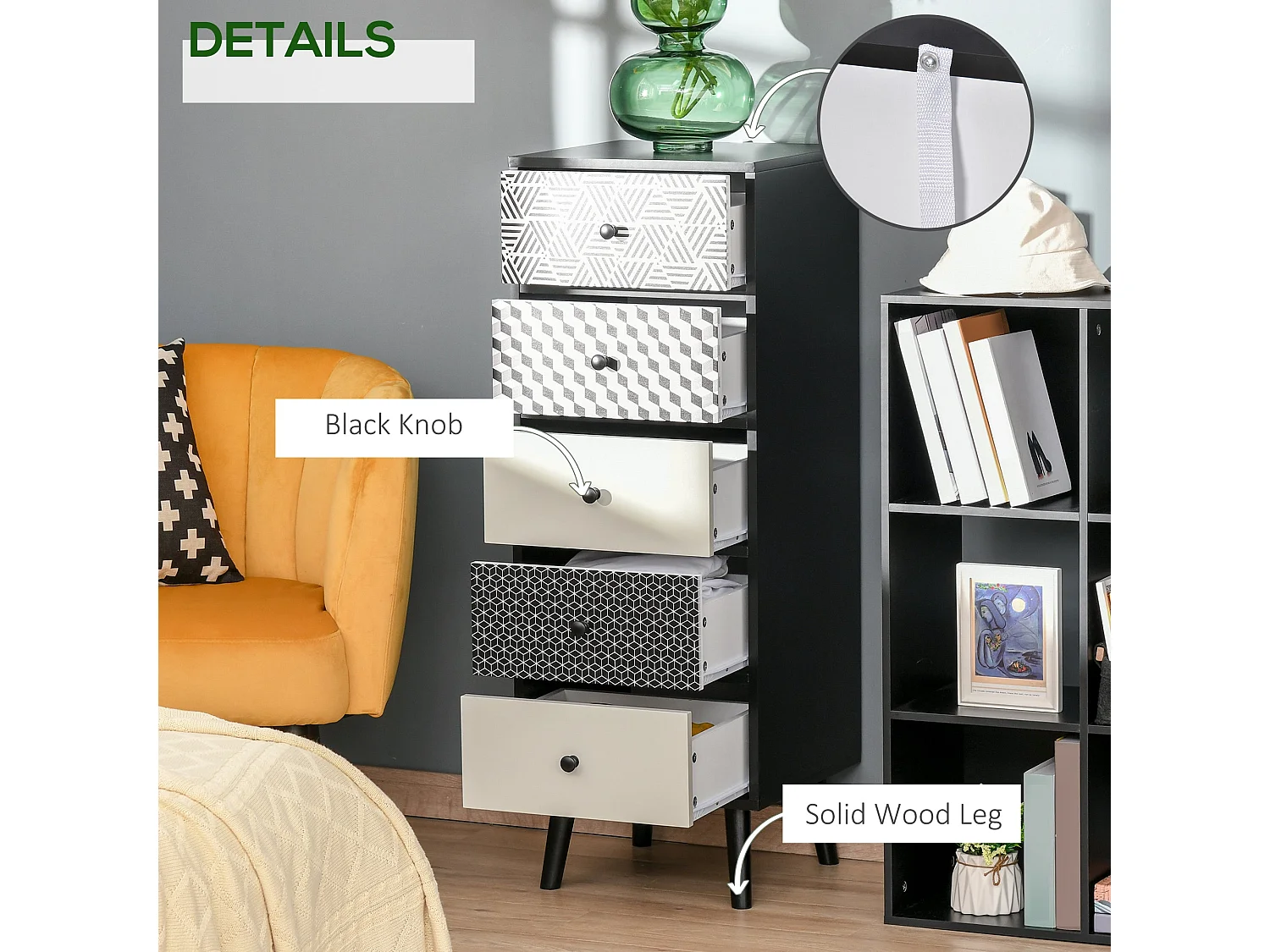 Rerora Scandi Monochrome 5 Drawer Vertical Storage Chest Black and Grey
