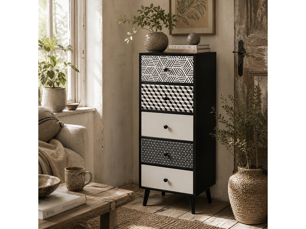 Rerora Scandi Monochrome 5 Drawer Vertical Storage Chest Black and Grey