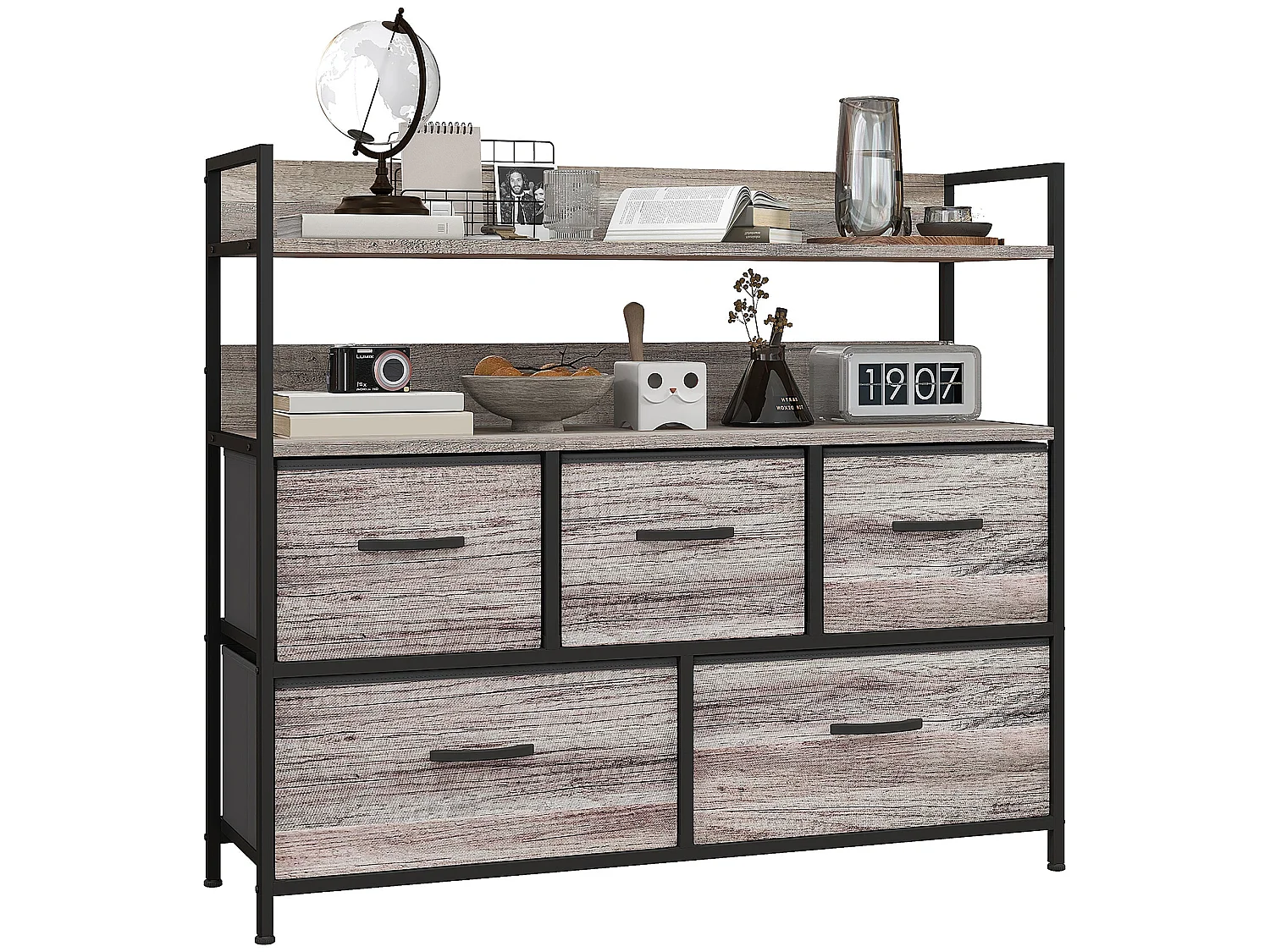 Rimo 5 Drawer Rustic Storage Chest Grey Wood Effect Fabric Drawers Black Steel Frame