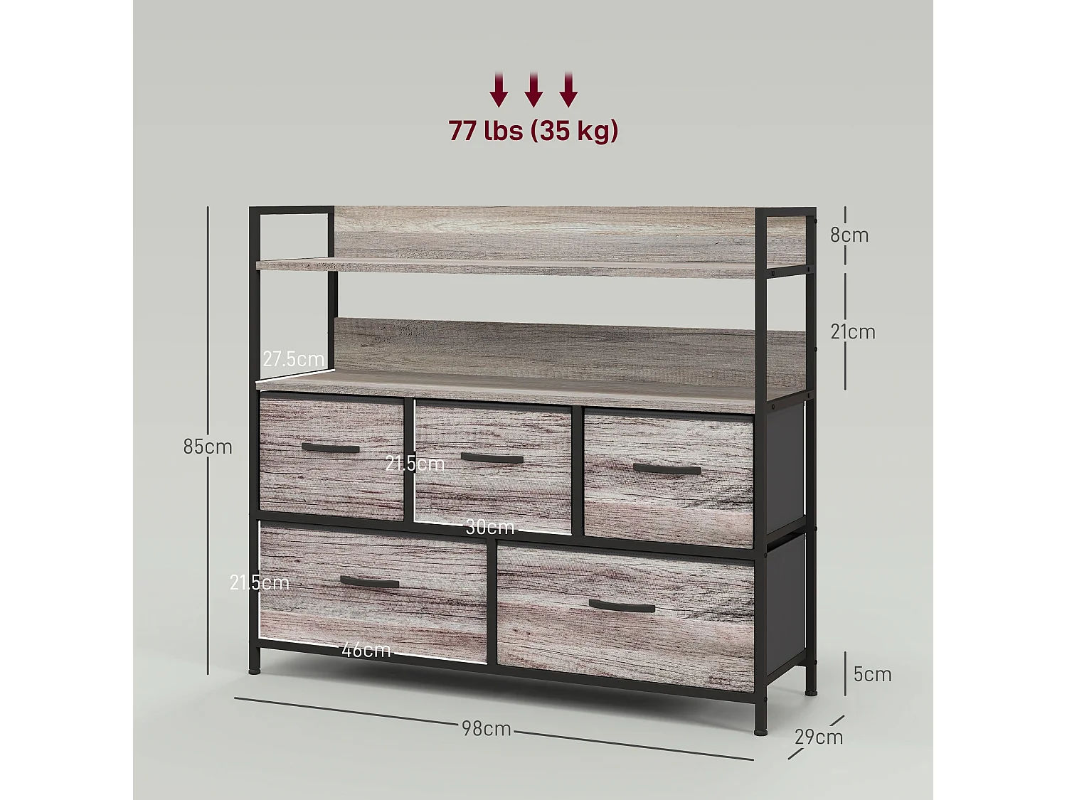 Rimo 5 Drawer Rustic Storage Chest Grey Wood Effect Fabric Drawers Black Steel Frame