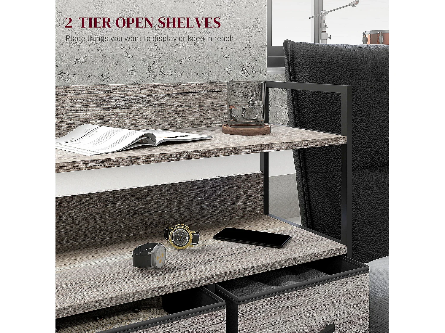 Rimo 5 Drawer Rustic Storage Chest Grey Wood Effect Fabric Drawers Black Steel Frame