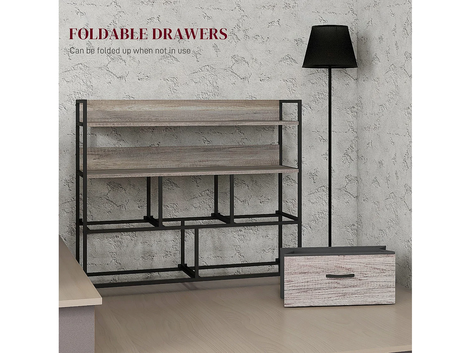 Rimo 5 Drawer Rustic Storage Chest Grey Wood Effect Fabric Drawers Black Steel Frame