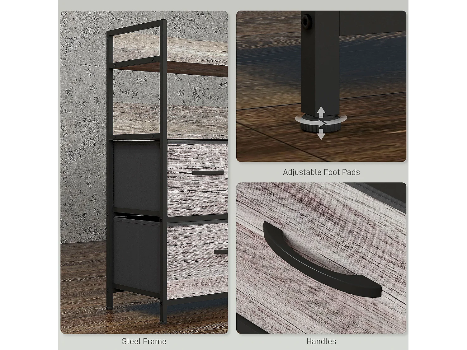 Rimo 5 Drawer Rustic Storage Chest Grey Wood Effect Fabric Drawers Black Steel Frame