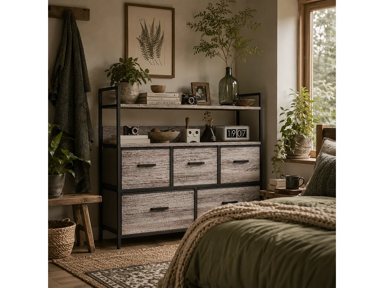 Rimo 5 Drawer Rustic Storage Chest Grey Wood Effect Fabric Drawers Black Steel Frame