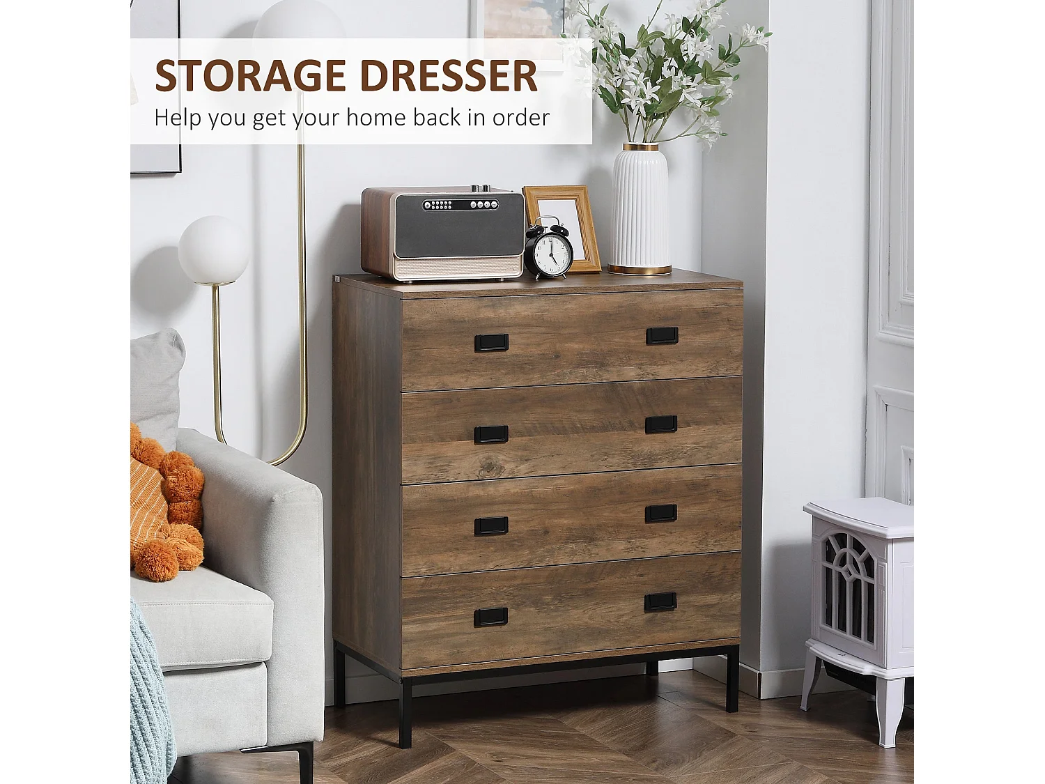 Paleba Romi 4 Drawer Chest Rustic Brown Wood Effect with Black Steel Frame