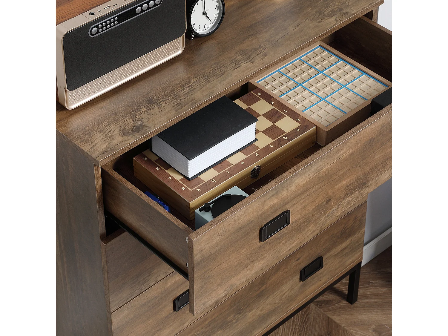 Paleba Romi 4 Drawer Chest Rustic Brown Wood Effect with Black Steel Frame