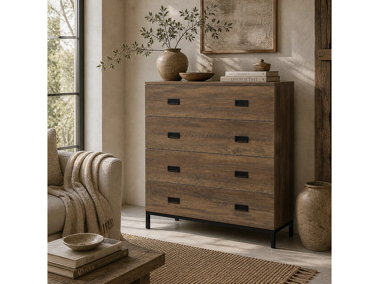 Paleba Romi 4 Drawer Chest Rustic Brown Wood Effect with Black Steel Frame