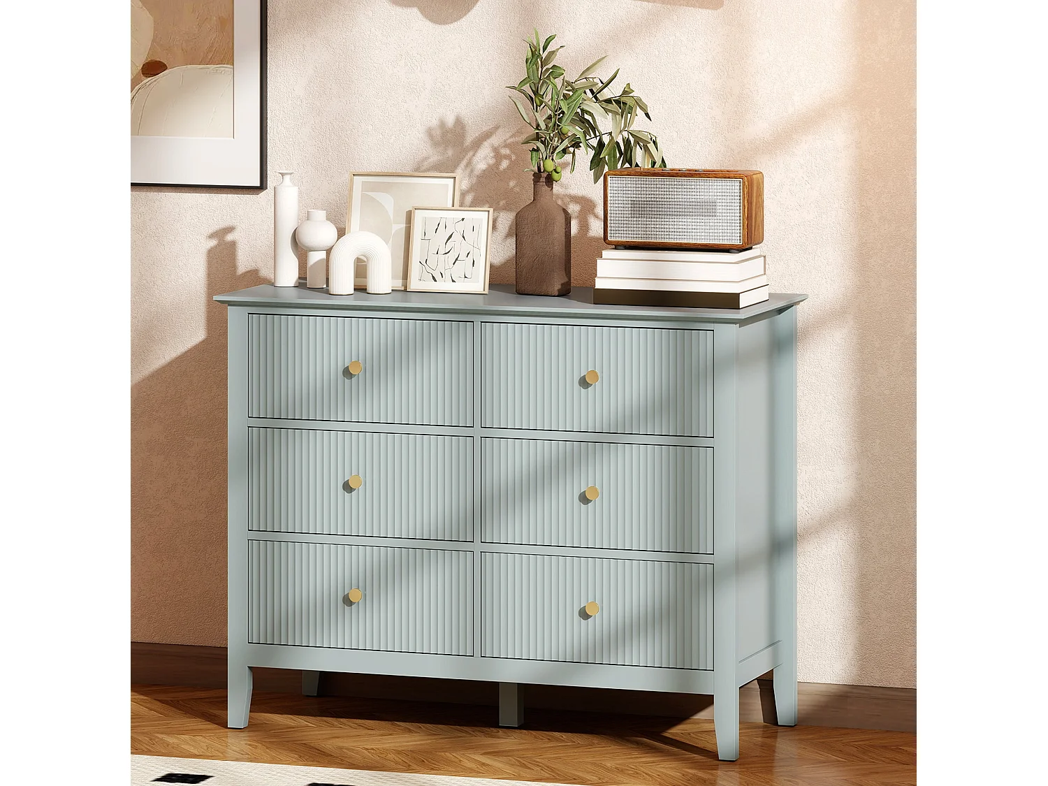 Visalo Mint Green 6 Drawer Fluted Storage Dresser