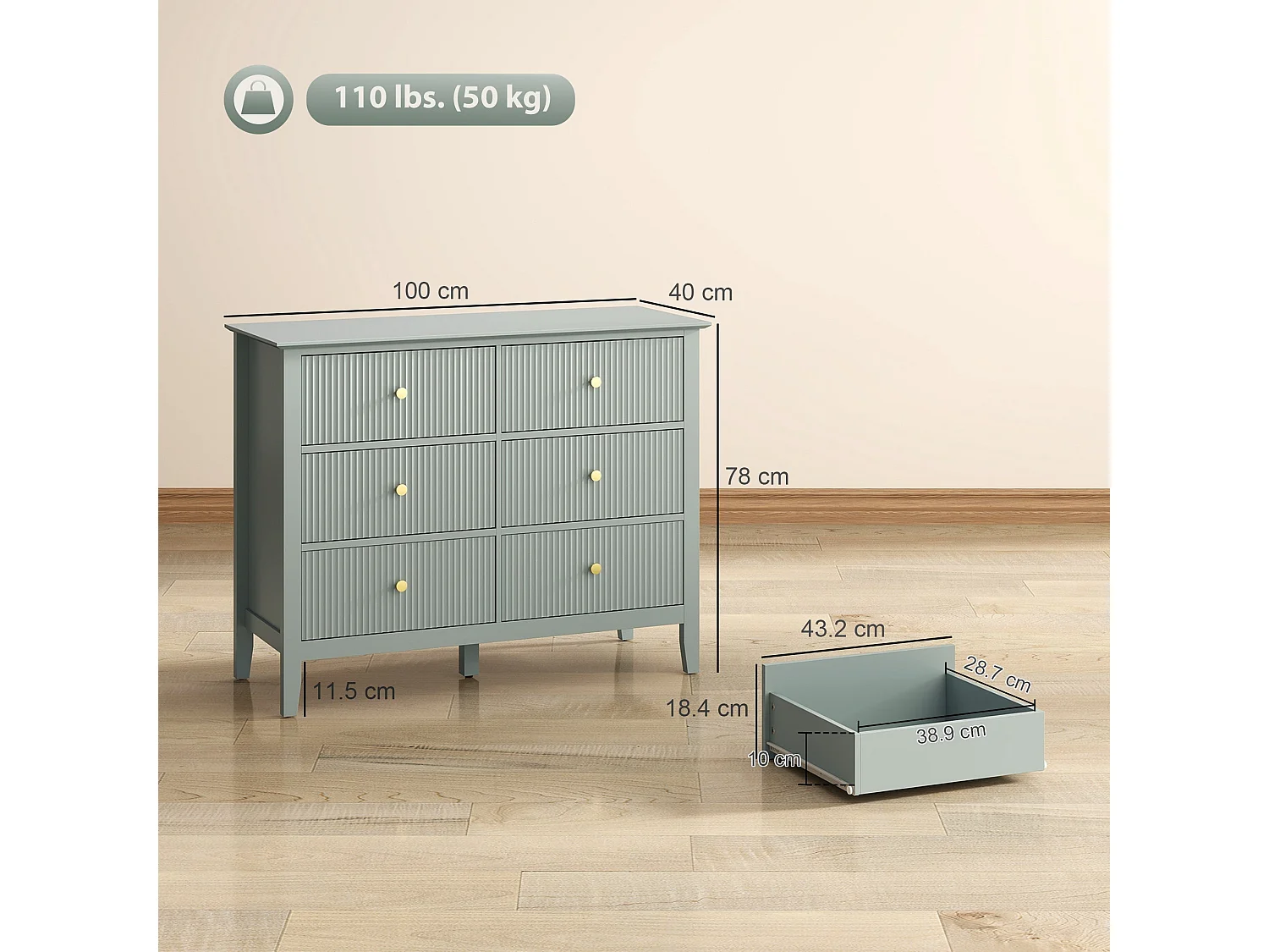 Visalo Mint Green 6 Drawer Fluted Storage Dresser